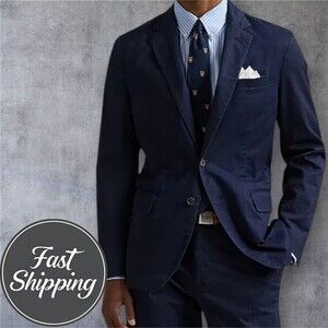 $298 POLO RALPH LAUREN Mens Blazer Sport Coat 2-Button Jacket 46L Navy Cotton